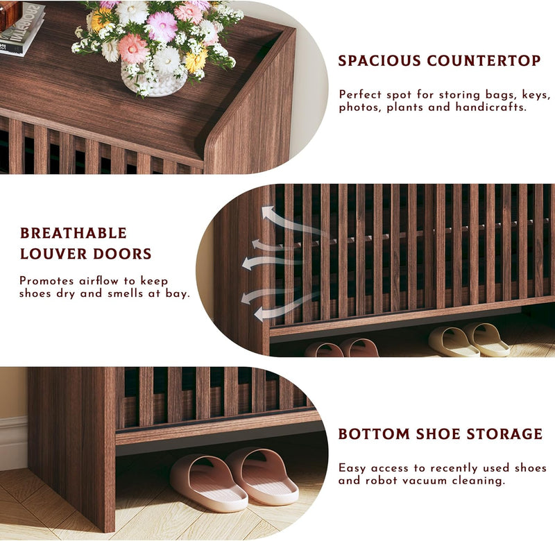 5-Tier Shoe Cabinet with Sliding Shutter Doors, Wooden Shoe Storage Cabinet with Adjustable Shelf, Modern Freestanding Shoe Organizer Cabinet for Entryway, Hallway