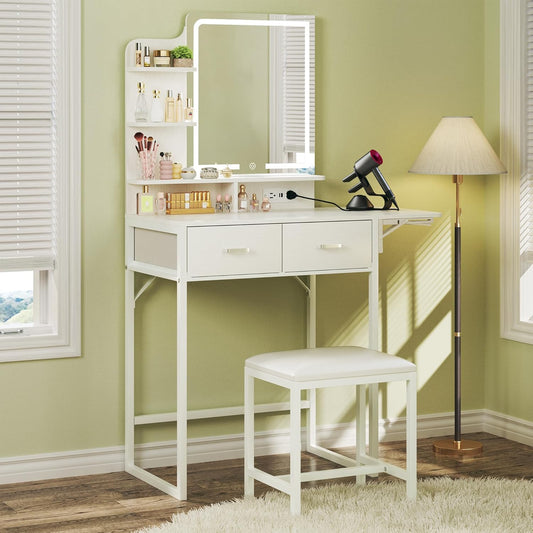 Small Vanity Desk with Mirror and Lights, Makeup Vanity with Fabric Storage Drawer & Chair & Shelves, White Vanity with Fold-up Panel and Power Outlet, Bedroom