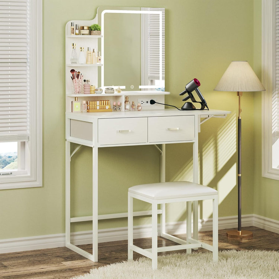 Small Makeup Vanity with LED Mirror, Charging Station & Storage