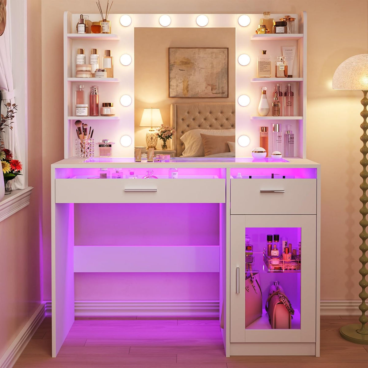 Vanity Desk with Mirror and Lights, Makeup Vanity Desk with Lights 3 Colors, Transparent Top Vanity with 2 RGB Drawers, 6 Shelves, Large Tempered Cabinet, Power Outlet, for Bedroom, White