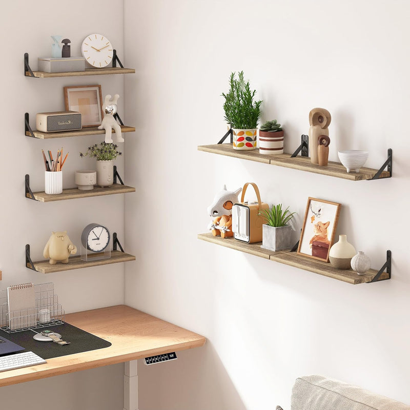 Fixwal Shelves for Room Wall, Width 4.75in Rustic Wood Wall Storage, Floating Shelves for Bedroom, Living Room, Kitchen, Bathroom, Office Decor and Plants Display (Set of 8 Carbonized Black)
