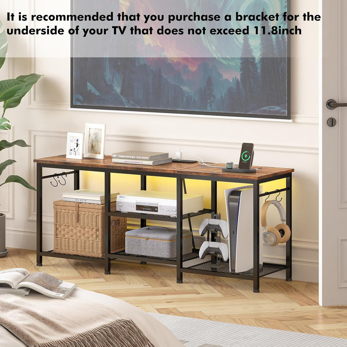 TV Stand for Up to 50 Inch Tvs, Entertainment Center with Outlet Led Lights Open Storage Shelves, TV Consoles for Living Room Bedroom, Rustic Brown