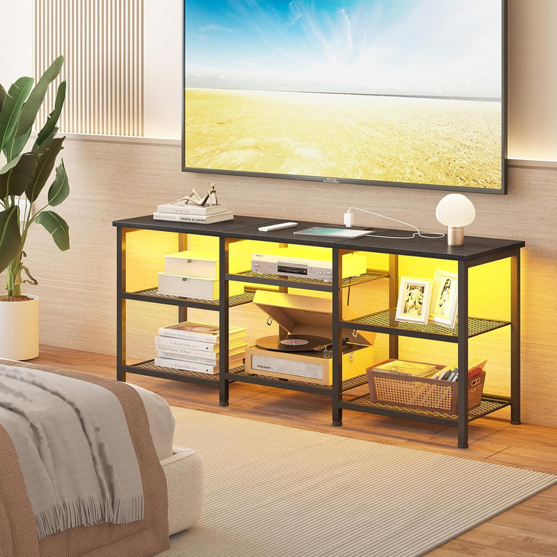 Entertainment Center for TVs Up to 50 Inch, Entertainment Stand with Power Outlet and LED Lights Open Storage Shelves, TV Console Table for Living Room and Bedroom, Black