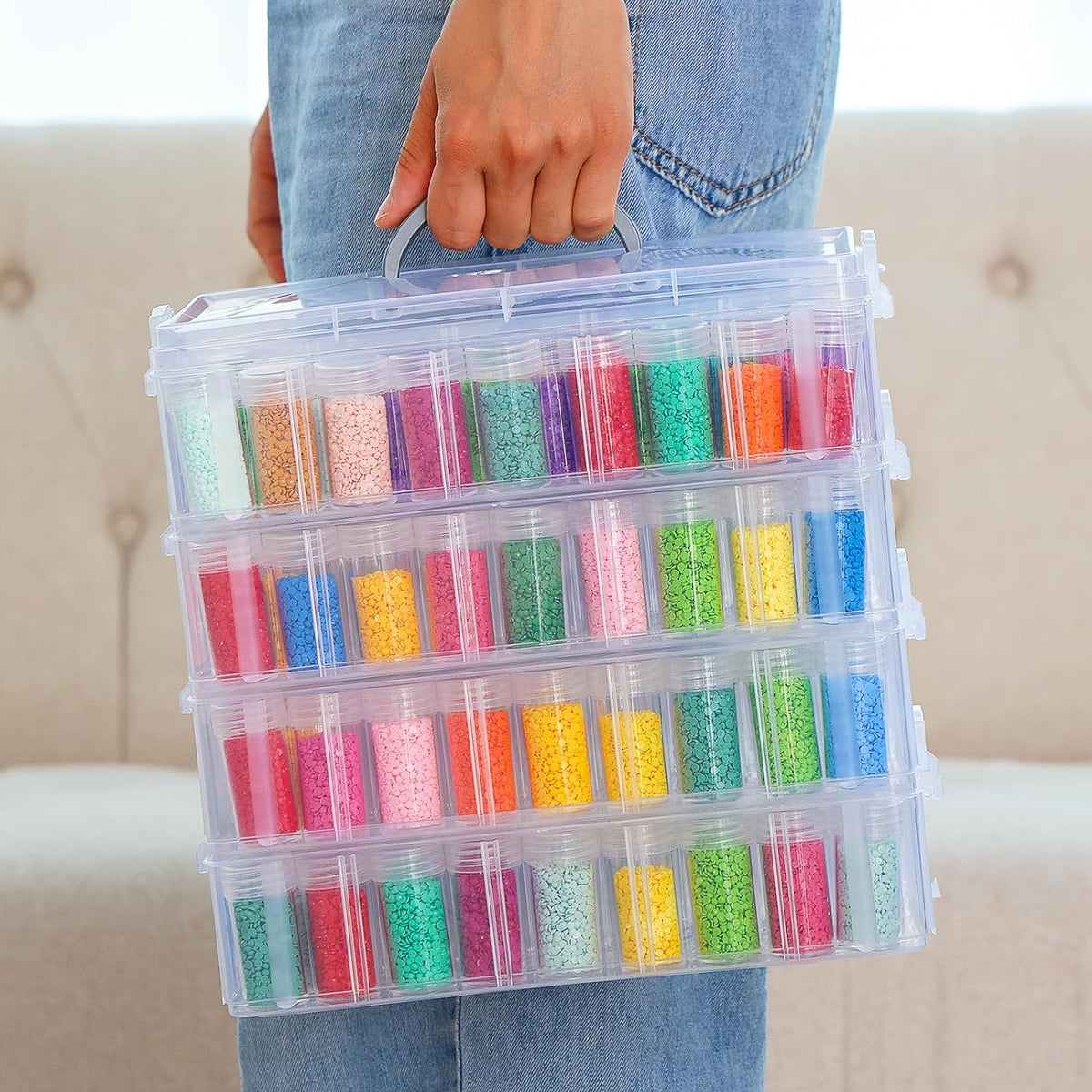 4-Tier Diamond Painting Storage Container, 200 Slots Portable Bead Organizer Box, Stackable Crafts Organizers for DIY Diamond Art Craft Jewelry Bead Storage