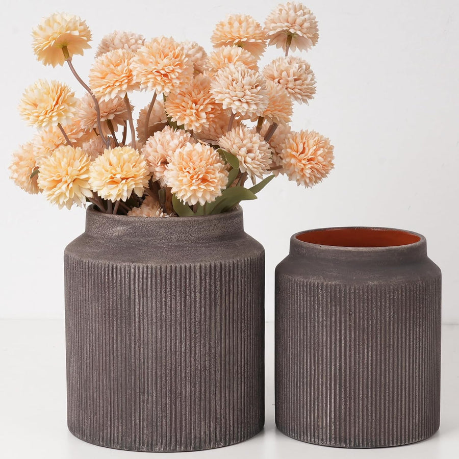 Rustic Ceramic Vase Set of 2, 5.9in Ceramic Flower Vase for Home Decor, Brown Terracotta Pottery Vase Decorative for Living Room, Coffee Table, Farmhouse,