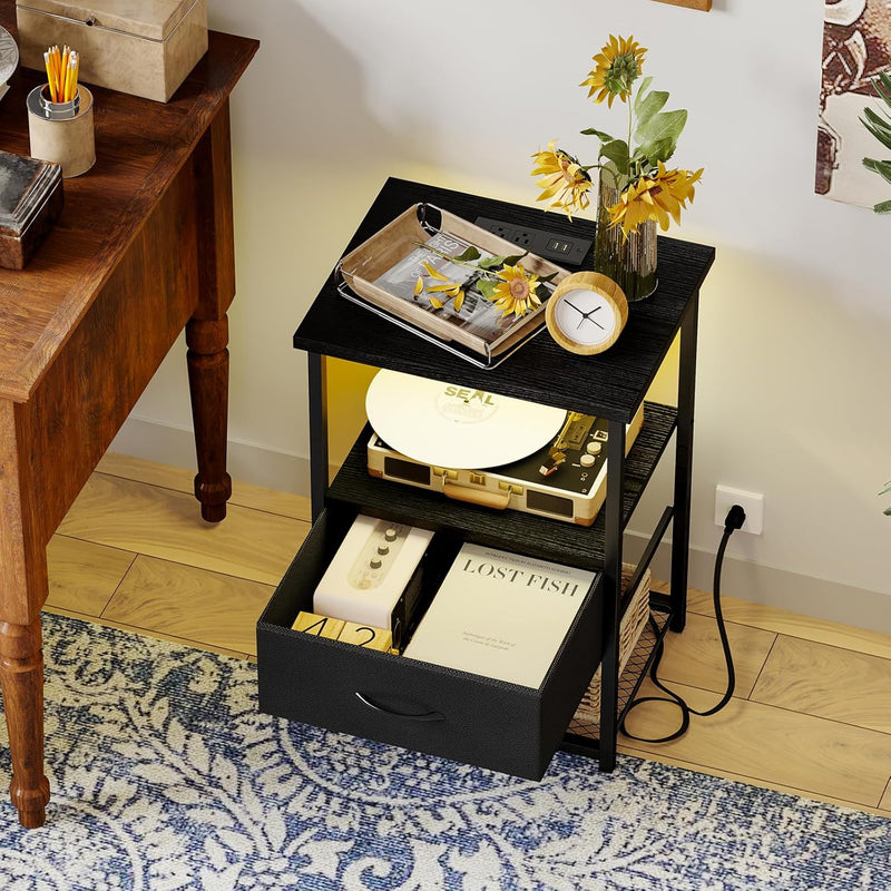 Fixwal Night Stand Set of 2 with Charging Station, LED Nightstand with Fabric Drawers, End Table with PU Finish, Bed Side Table, Black