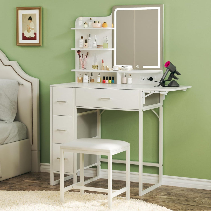 Small LED Makeup Vanity with 4 Drawers & Charging Station