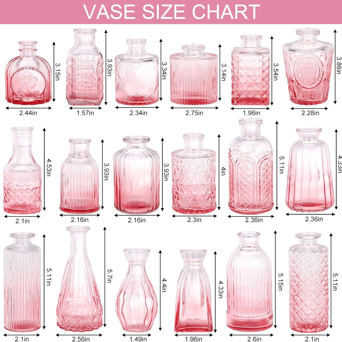 18pcs Pink Glass Bud Vase Set, Small Flower Vases for Centerpieces in Bulk, Mini Vintage Vase for Home, Wedding, Table Decor