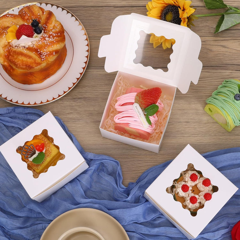 Moretoes 200pcs Small Cookie Boxes, 4x4x2.5 Inch White Bakery Boxes with Window for Pastries, Treats, Cupcakes, Donuts, Candy, Strawberries