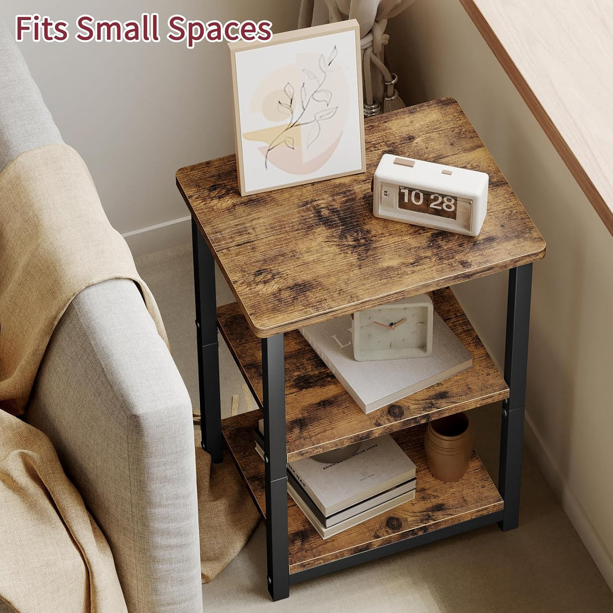Fixwal Side Table 3-Tier Small End Table, Sofa Table Nightstand for Living Room, Bedroom, Office, Rustic Brown and Black