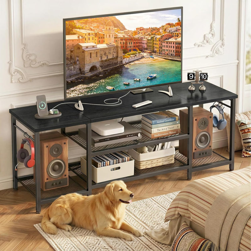 TV Stand for Up to 65 Inch TVs, Entertainment Center with Power Outlet and Open Storage Shelves, TV Media Console Table for Living Room and Bedroom, Black