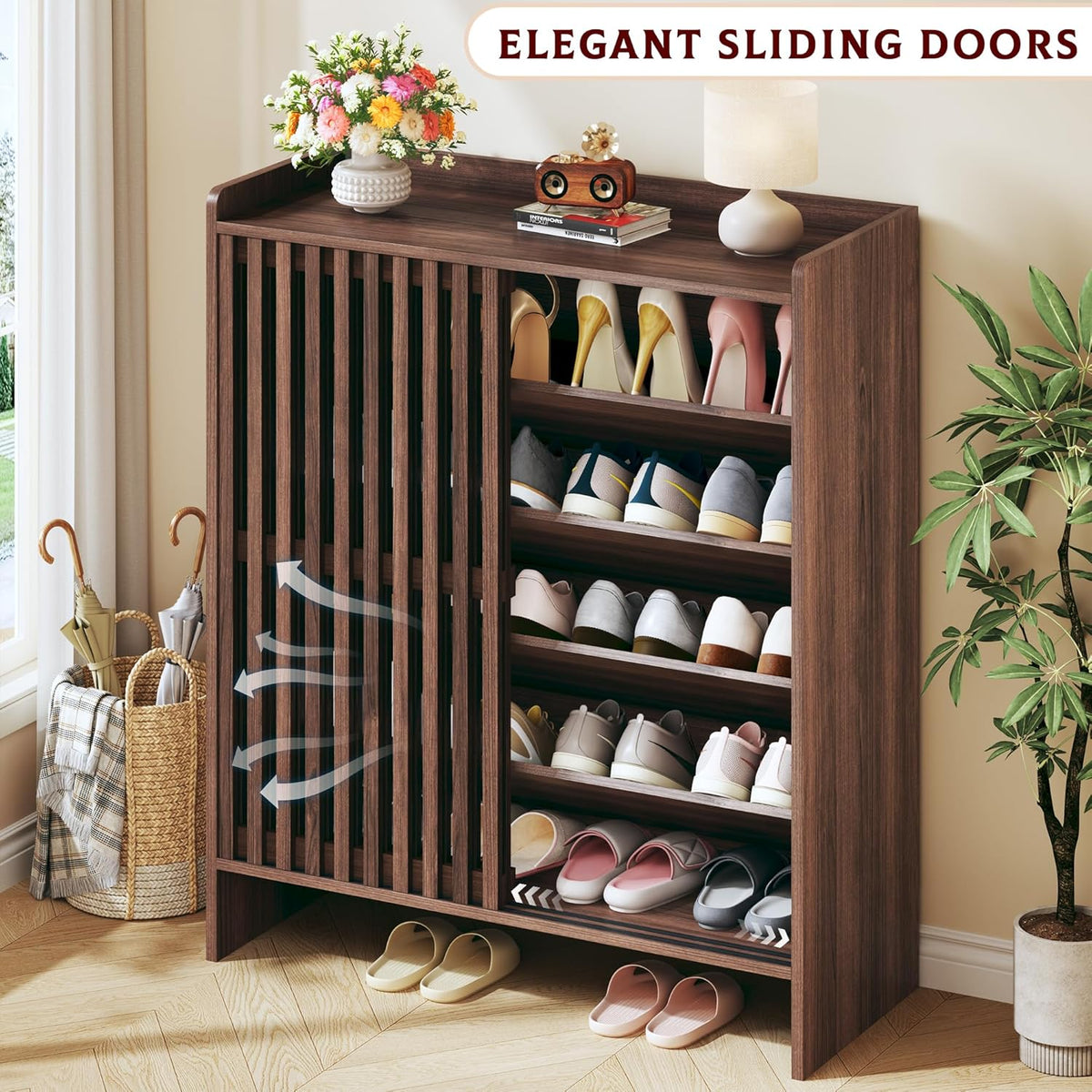 5-Tier Shoe Cabinet with Sliding Shutter Doors, Wooden Shoe Storage Cabinet with Adjustable Shelf, Modern Freestanding Shoe Organizer Cabinet for Entryway, Hallway