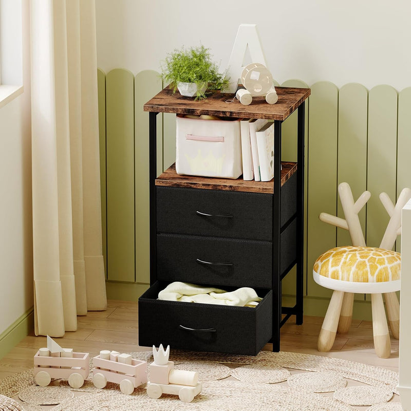 Fixwal Nightstand with Charging Station, Night Stand with Fabric Drawers, Bedside Table for Bedroom, End Table with Storage, Rustic Brown and Black