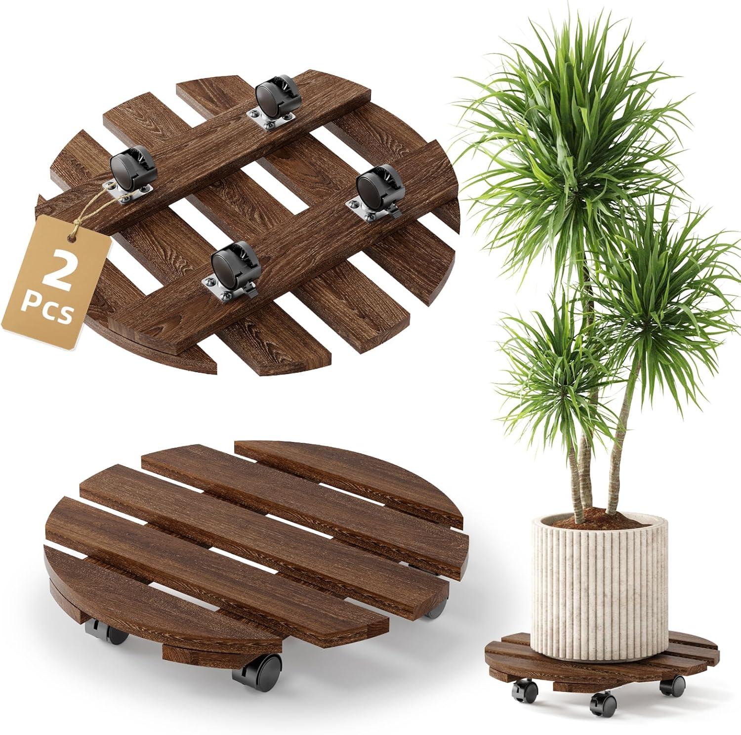14in Plant Caddy, Wood Plant Stand with Wheels, Plant Rolling Tray for Indoor Outdoor, Flower Cart with 360° Lockable Wheels for Large Planter(2 Pack)