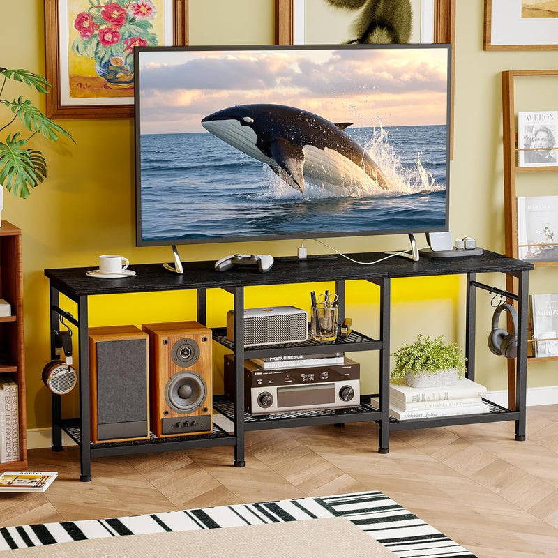 Black Entertainment Stand for Up to 50 Inch TVs, Tv Stand with Outlet Led Lights Open Storage Shelves, TV Consoles for Living Room, Bedroom