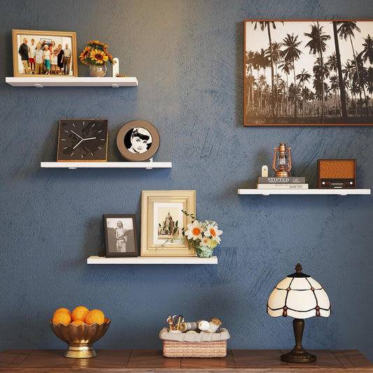 Fixwal Wall Floating Shelves for Bedroom Decor, 4 Sets Wood Floating Shelves for Wall, Wall Mounted Floating Shelf for Bathroom Storage, Book Shelf - White