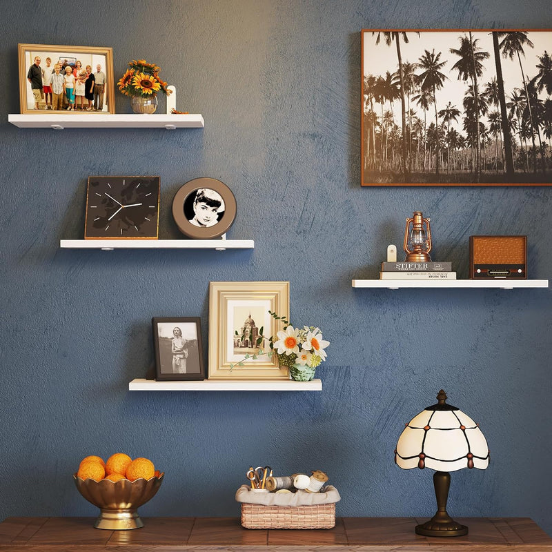 Fixwal Wall Floating Shelves for Bedroom Decor, 4 Sets Wood Floating Shelves for Wall, Wall Mounted Floating Shelf for Bathroom Storage, Book Shelf - White