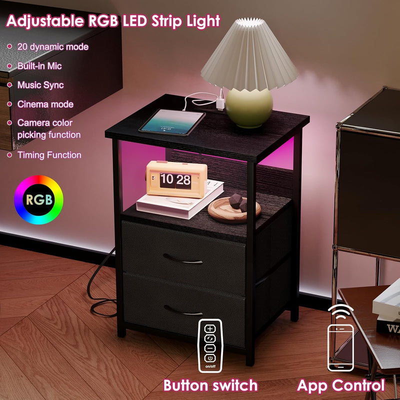 Nightstand Set of 2 Night Stand with Charging Station, LED Nightstand with Fabric Drawers, End Table with PU Finish, Bed Side Table, Black