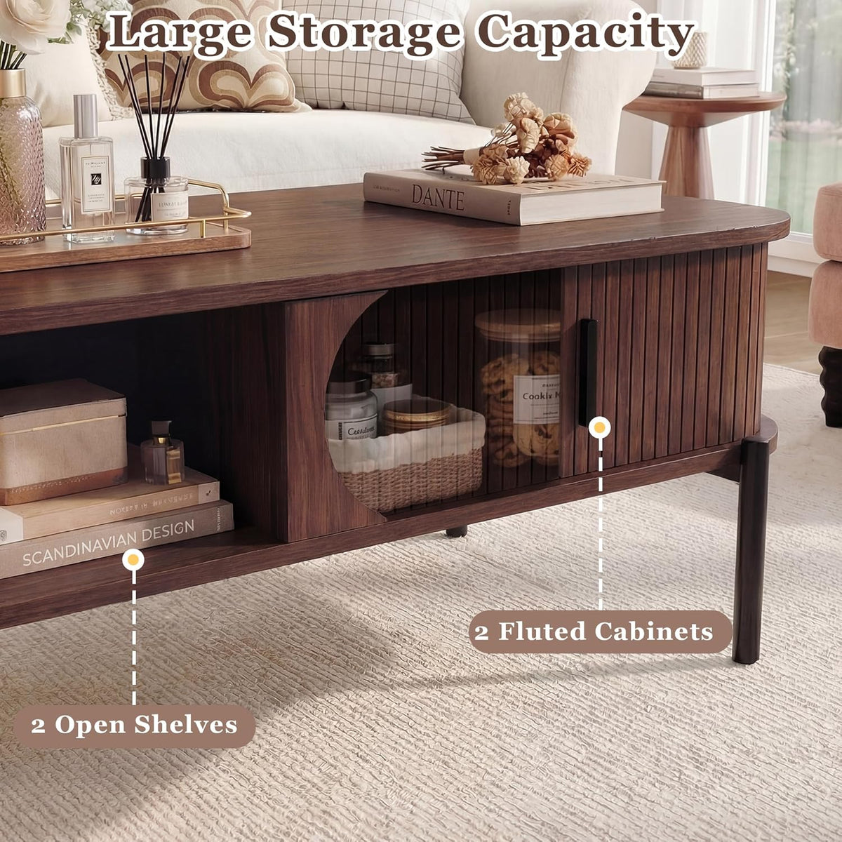 Coffee Table, 39.4" Fluted Coffee Table for Living Room, Mid Century Modern Table with Sliding Cabinet Door 2-Tier Rustic Wood Desktop with Storage Open Shelf, Walnut
