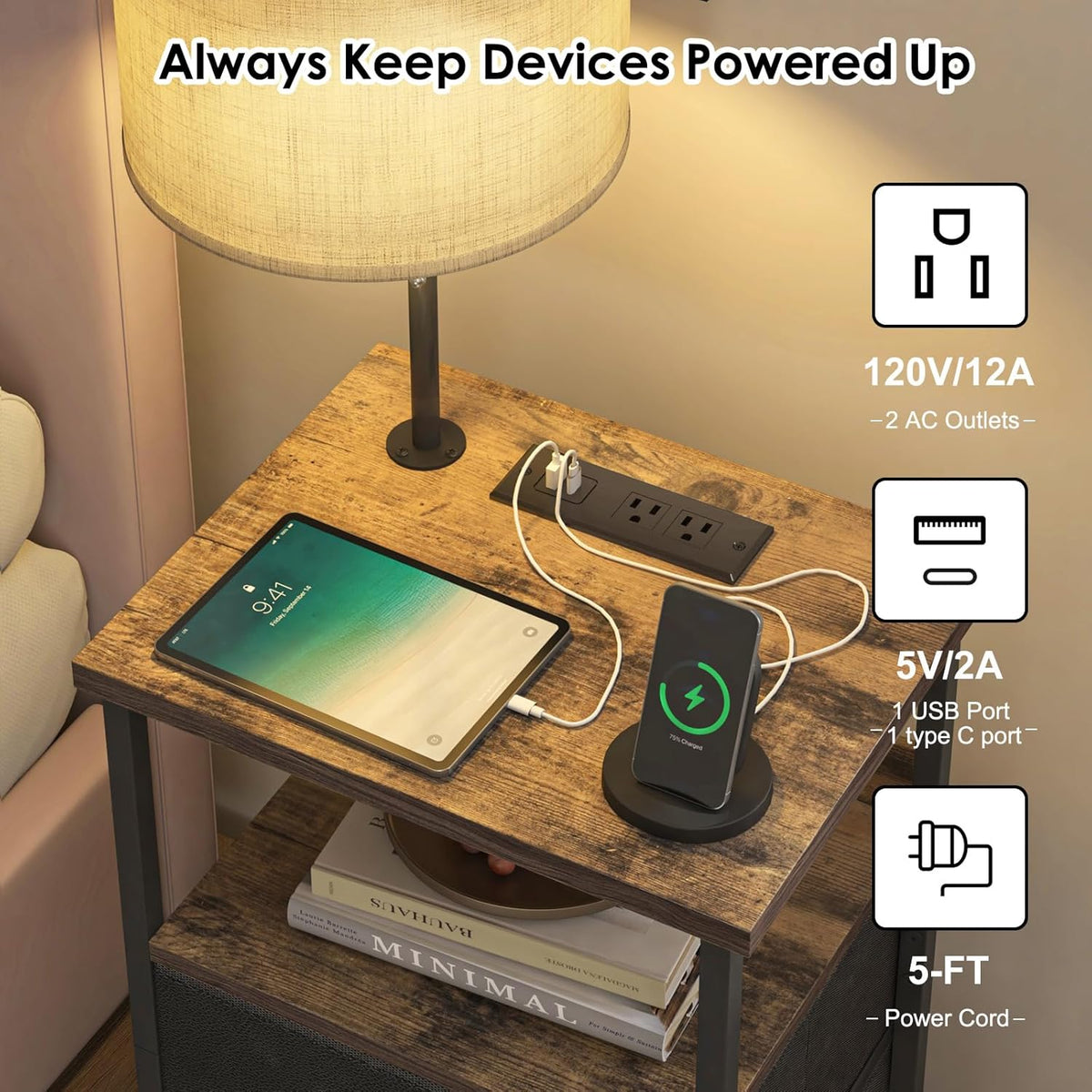 Fixwal Bedside Table with 3 Color Temperature Reading Light, Nightstand with LED Light & Charging Station End Table with Adjustable Fabric Drawer for Bedroom, Dorm, Rustic Brown
