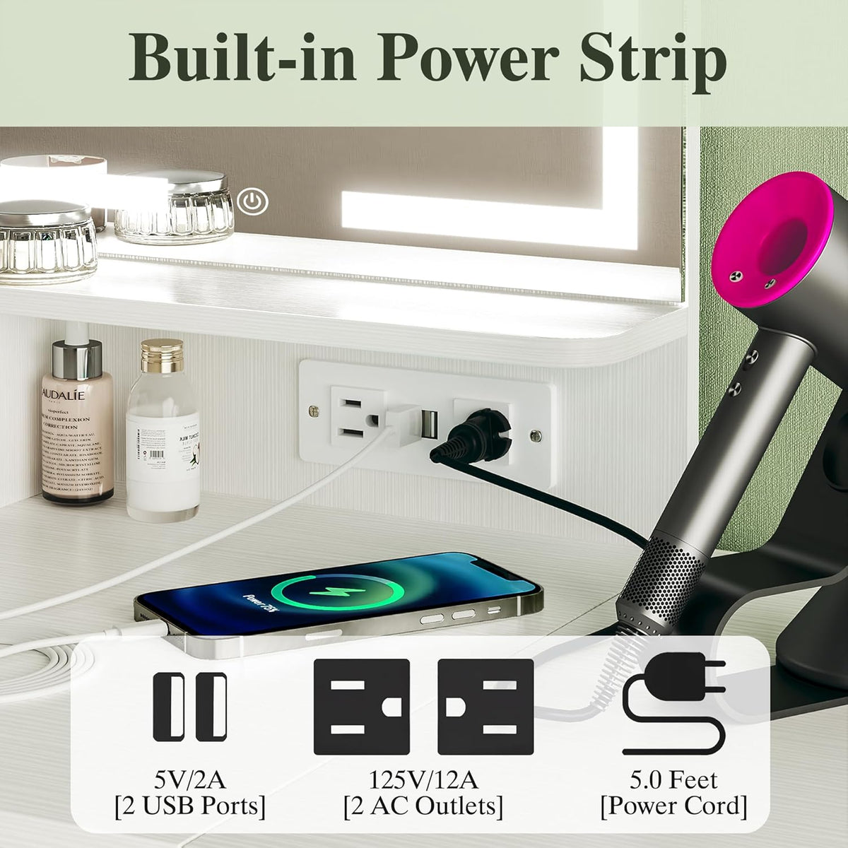Fixwal  Makeup Vanity Desk with Lighted Mirror & Foldable Side Panel