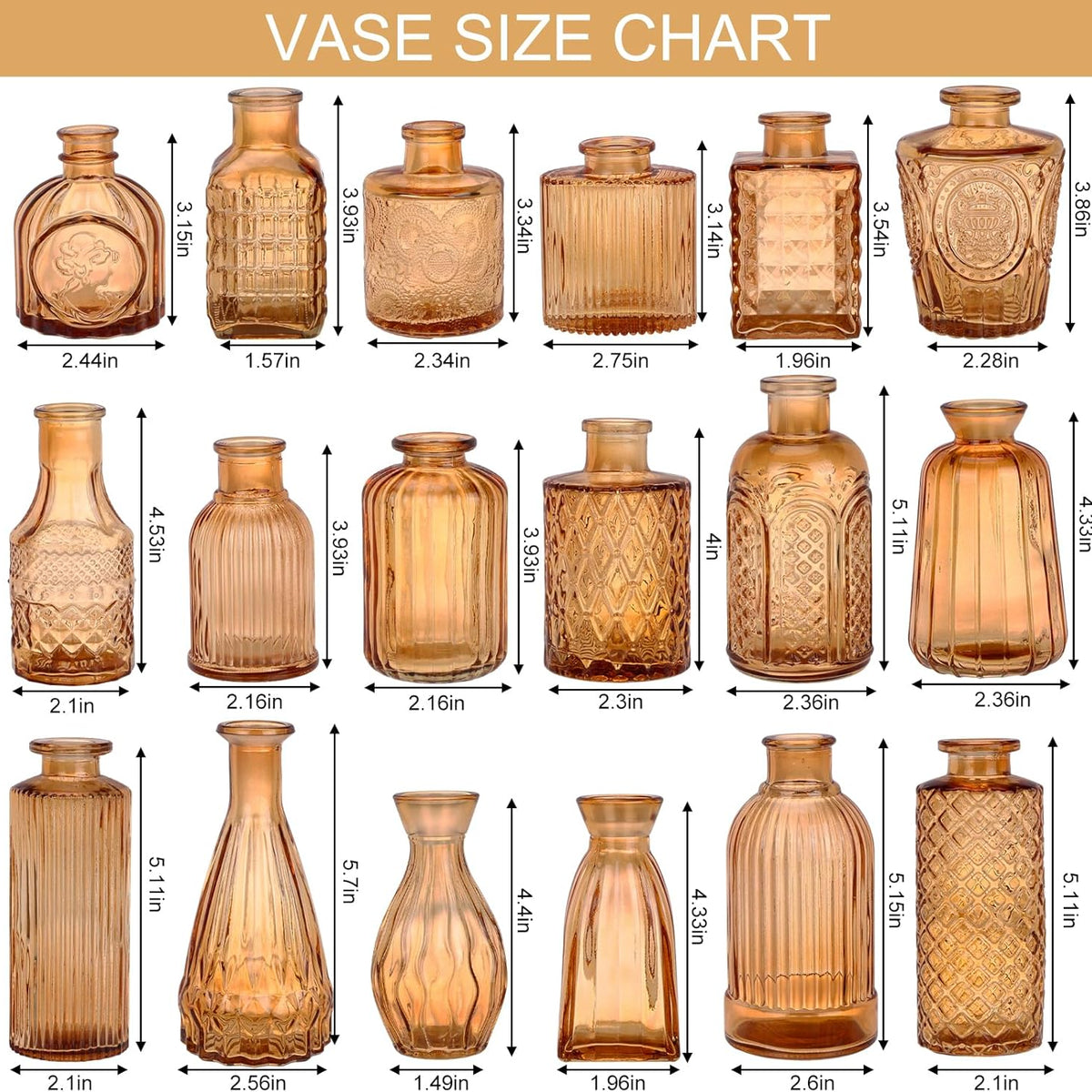 18pcs Amber Glass Bud Vase Set, Gold Small Flower Vases for Centerpieces in Bulk, Mini Vintage Vase for Home, Wedding, Table Decor