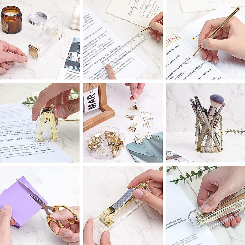 Gold Office Supplies Set Desk Accessories, Acrylic Stapler Set Staple Remover, Phone Holder, Tape Holder, Pen Holder, 2 Ballpoint Pen, Scissor, Binder Clips, Ruler, Transparent Glue and Staples.