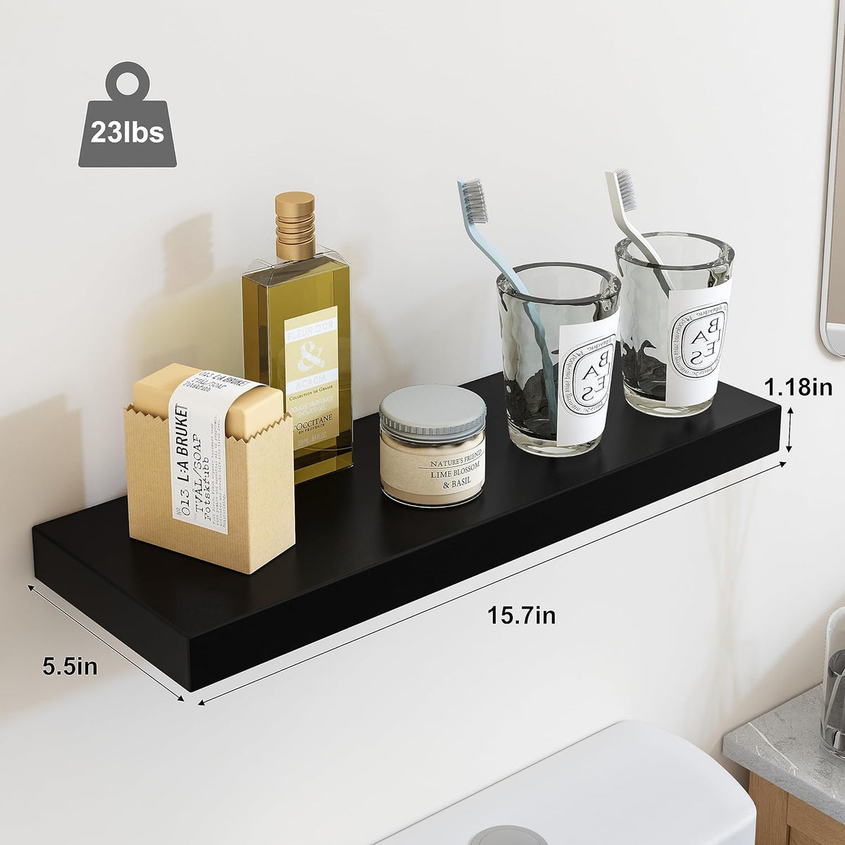 Fixwal 15.8in Floating Shelves for Wall, Black Shelves Wall Mounted Shelf with Invisible Bracket for Bathroom, Living Room, Bedroom, Kitchen, Office Decor (5 Pack)