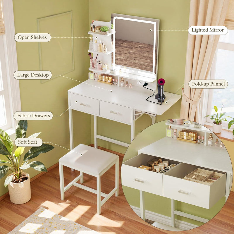 Small Vanity Desk with Mirror and Lights, Makeup Vanity with Fabric Storage Drawer & Chair & Shelves, White Vanity with Fold-up Panel and Power Outlet, Bedroom