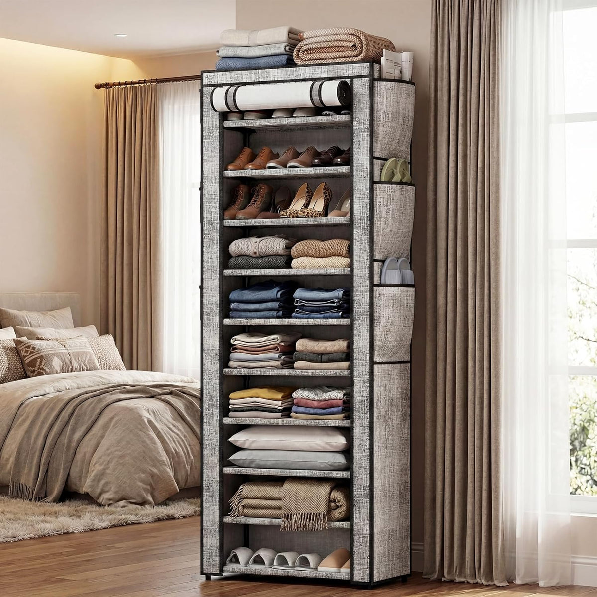 Shoe Rack with Cover, Narrow Shoe Rack with 6 Side Pockets, 10 Tier Tall Shoe Organizer Holds 16-22 Pairs Shoes and Boots, Shoe Storage for Closet, Entryway and Hallway, Gray