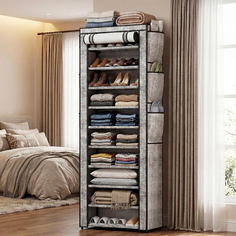 Shoe Rack with Cover, Narrow Shoe Rack with 6 Side Pockets, 10 Tier Tall Shoe Organizer Holds 16-22 Pairs Shoes and Boots, Shoe Storage for Closet, Entryway and Hallway, Gray