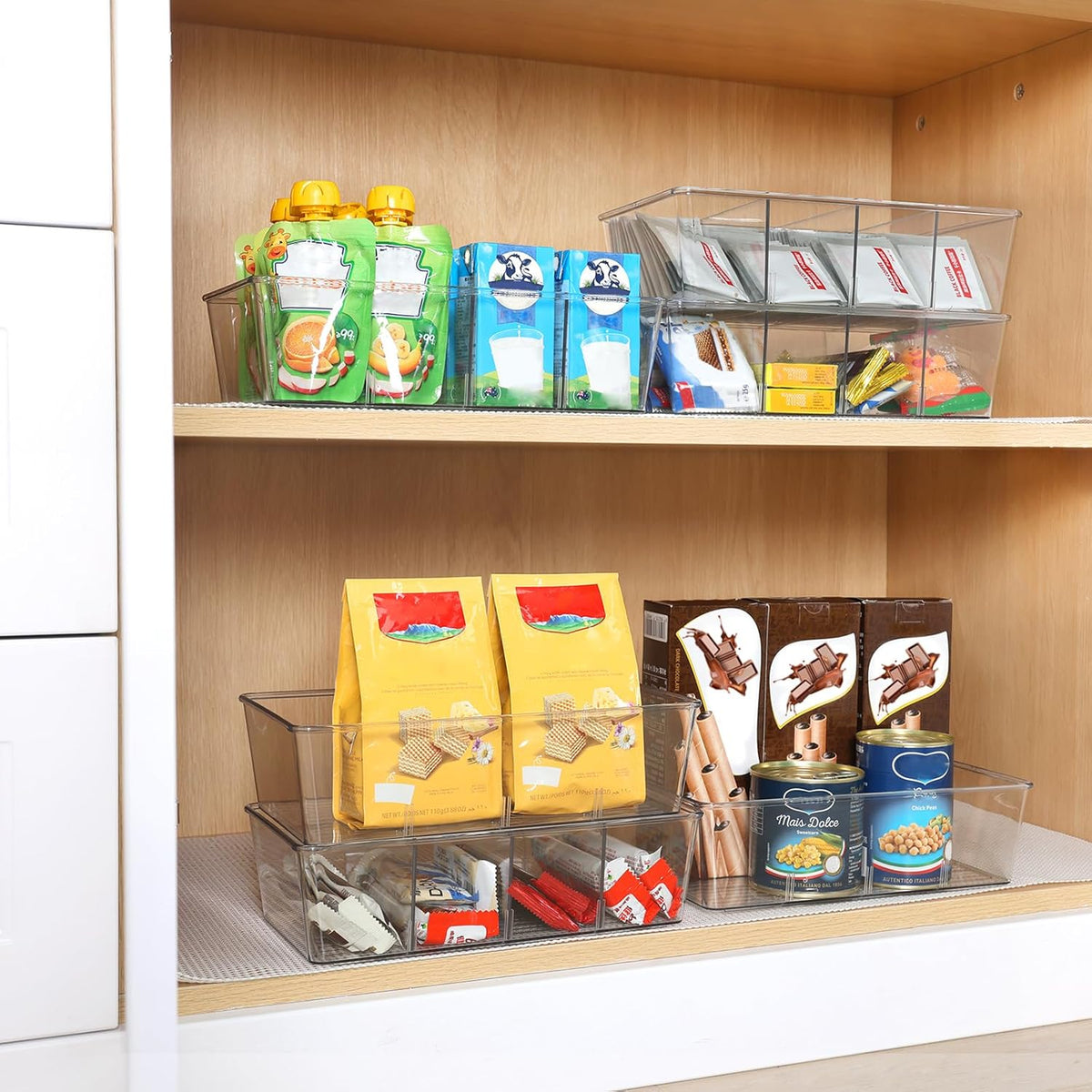 Moretoes 6 Pack Snack Organizers, Pantry Organizer and Storage, Clear Food Storage Organizer Bins, Plastic Fridge Organizer and Cabinet Organizers for Kitchen, Condiment, Pouches Food, Packets Spices