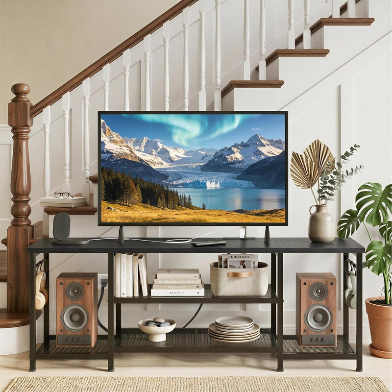 TV Stand for Up to 65 Inch TVs, Entertainment Center with Power Outlet and Open Storage Shelves, TV Media Console Table for Living Room and Bedroom, Black
