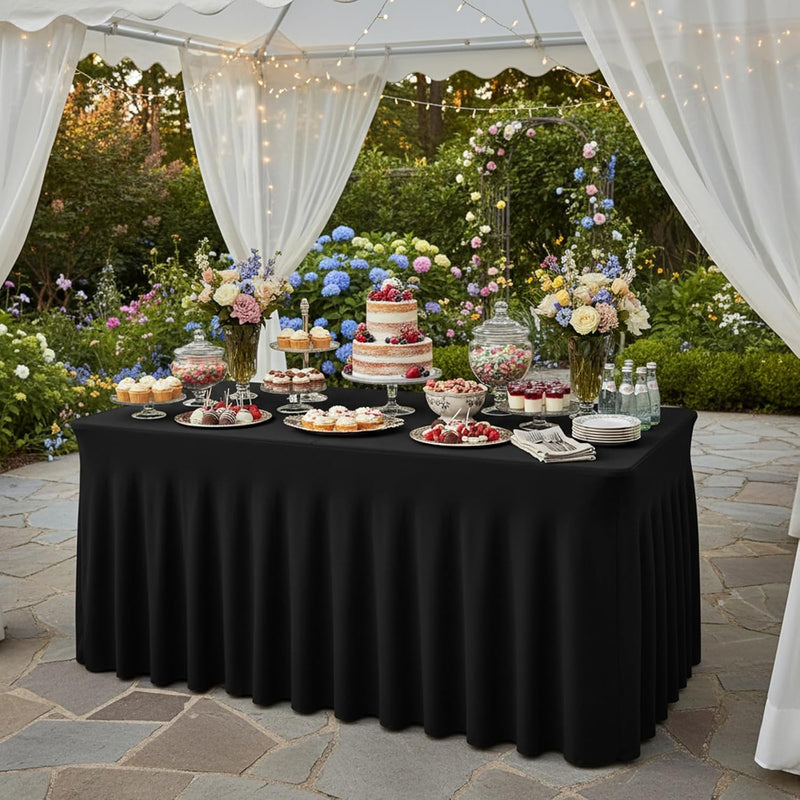Fixwal 2 Pack Black Spandex Tablecloth for Rectangle Table 4ft, Table Skirt for Party, Show, Wedding and Birthday