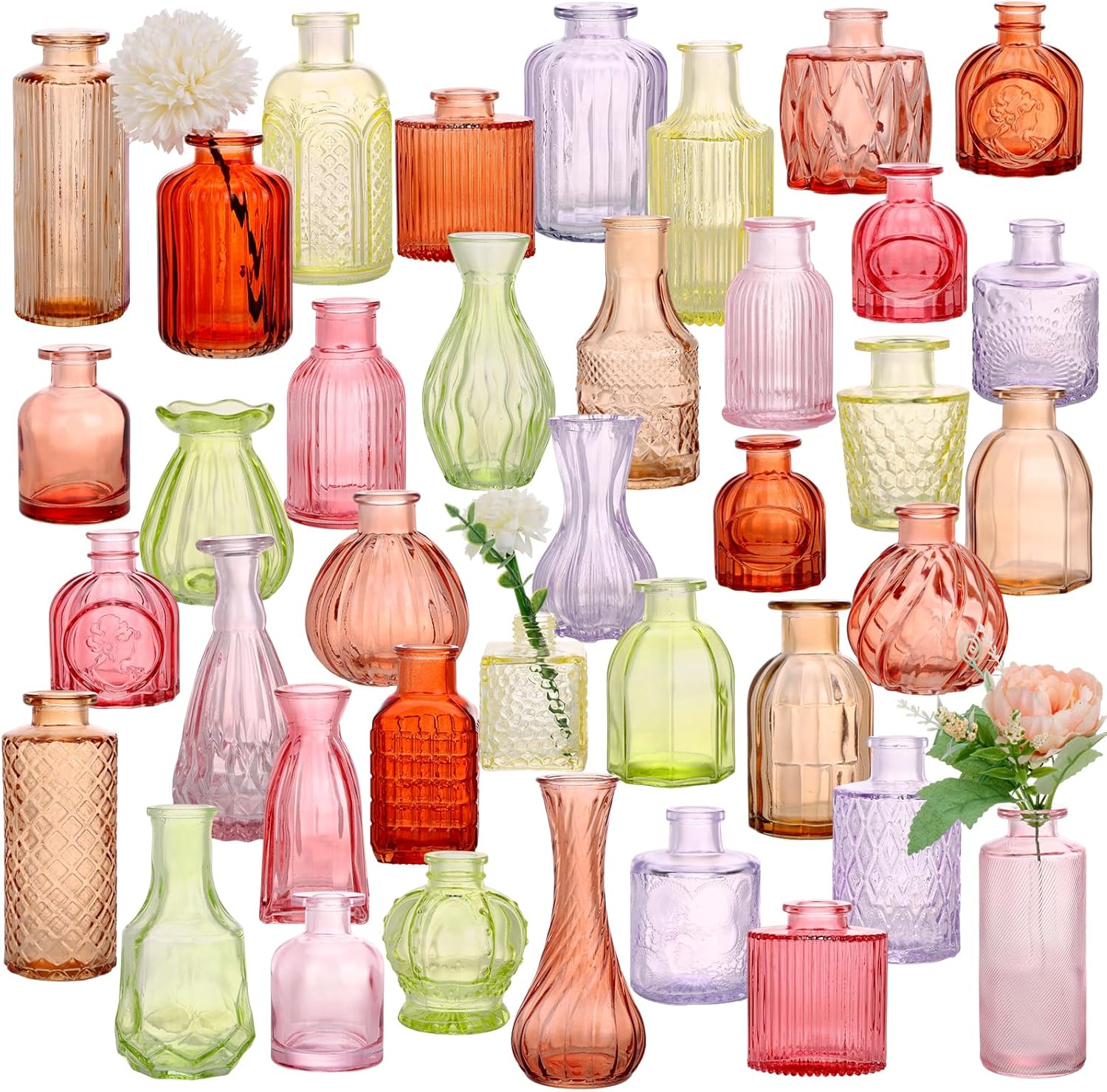 38 Pack Colorful Glass Bud Vase Set, Small Colored Vintage Vases for Centerpieces, Decorative Flower Vases for Wedding Home Table Decor