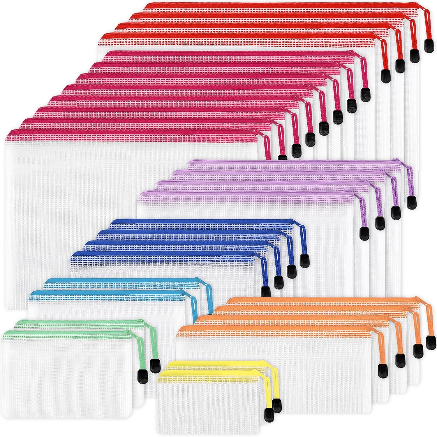 30pcs Mesh Zipper Pouch Bags, 8 Sizes Plastic Zipper Bags, 8 Colors Waterproof Zipper Pouches for Organization, Multipurpose for Travel, School Supplies, Office Appliances and Home Organization