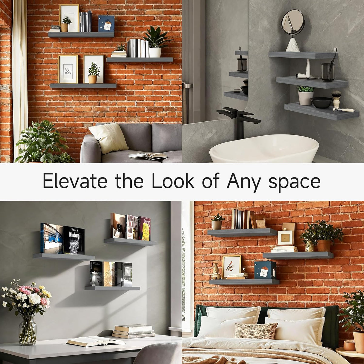 Fixwal 4-Pieces Floating Shelves for Wall, Wall Mounted Rustic Wood Shelves Grey