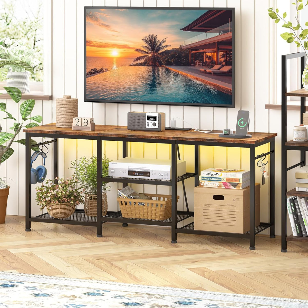 TV Stand for Up to 50 Inch Tvs, Entertainment Center with Outlet Led Lights Open Storage Shelves, TV Consoles for Living Room Bedroom, Rustic Brown