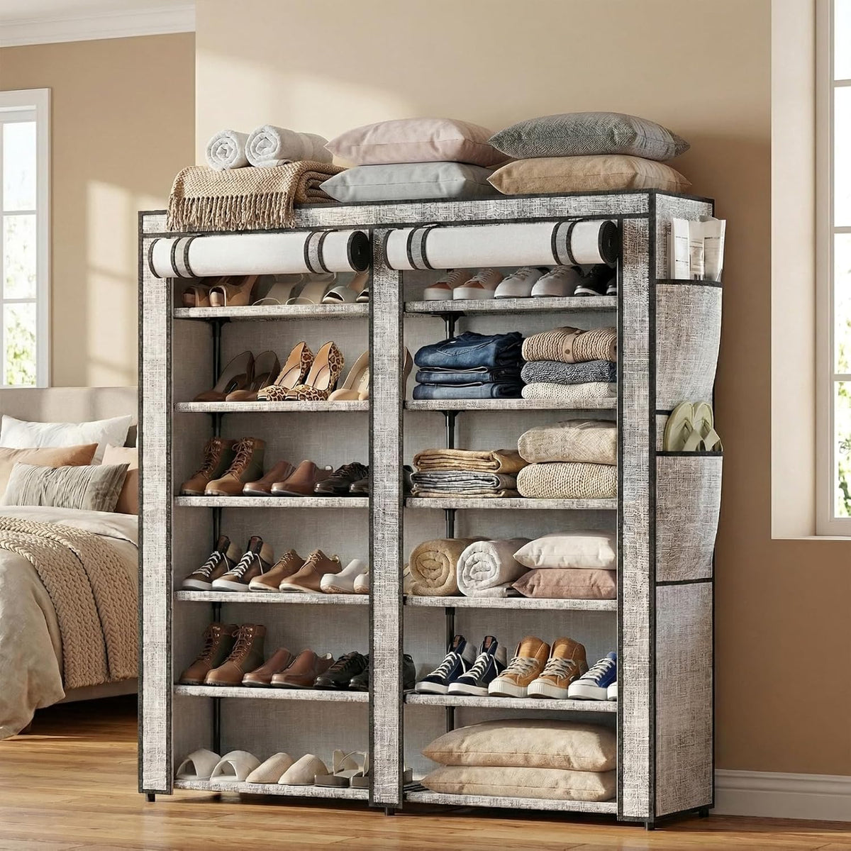 Shoe Rack with Cover, Shoe Rack with 4 Side Pockets, 6 Tier Shoe Organizer Holds 30-40 Pairs Shoes and Boots, Shoe Storage for Closet, Entryway and Hallway, Storage Cabinet for Home, Gray
