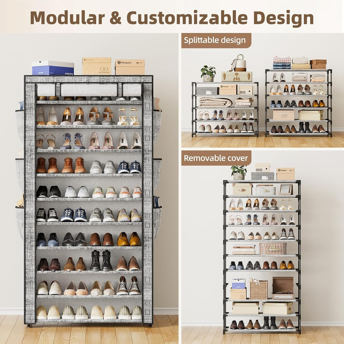 Shoe Rack with Cover, Large Capacity Shoe Organizer Storage 45 Pairs, 10 Tier Tall Shoe Shelf with 6 Side Pockets, Space Saving Shoe Storage for Closet, Entryway Hallway, Gray