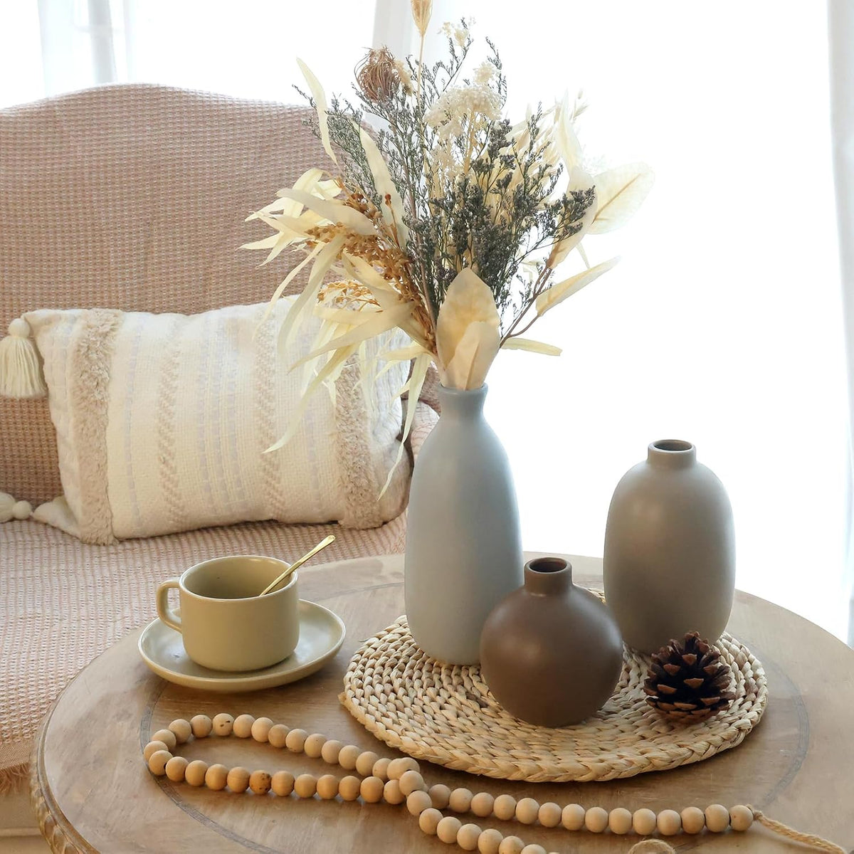 Ceramic Vase Set of 5, Home Decor Farmhouse Décor Handmade Pottery Vases for Pampas Grass, Dried Fresh Flowers, Table, Living Room, Kitchen, Shelf, Entryway Mantel Neutral Tones