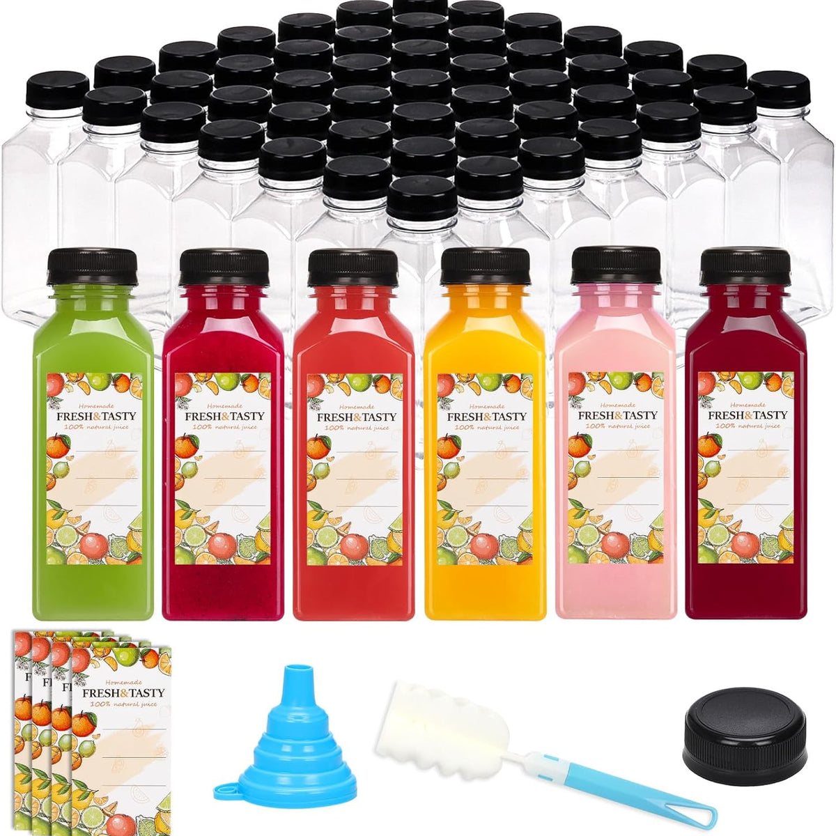 150pcs Juice Bottles, 12oz Reusable Plastic Juice Bottles with Caps and Labels, Funnel, Brush Beverage Containers for Juicing, Smoothies, Tea, Milk