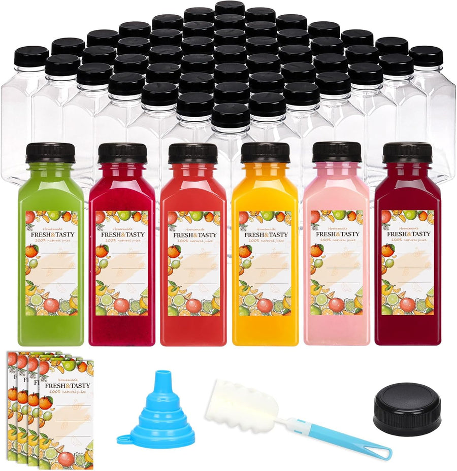 150pcs Juice Bottles, 12oz Reusable Plastic Juice Bottles with Caps and Labels, Funnel, Brush Beverage Containers for Juicing, Smoothies, Tea, Milk