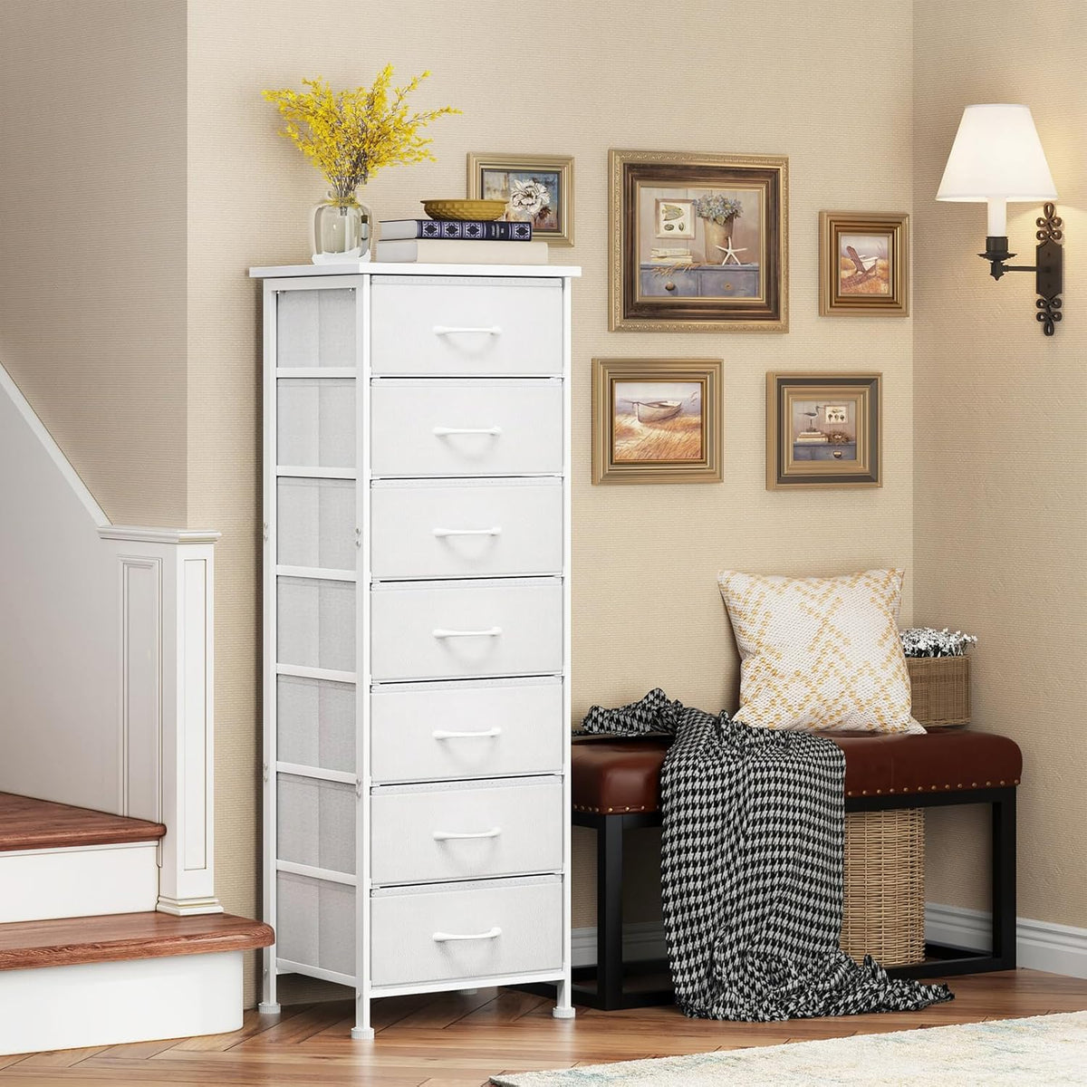 White Tall Dresser for Bedroom, Storage Dresser Organizer with 7 Fabric Drawers, Nightstand Furniture in Closet, Entryway, Hallway