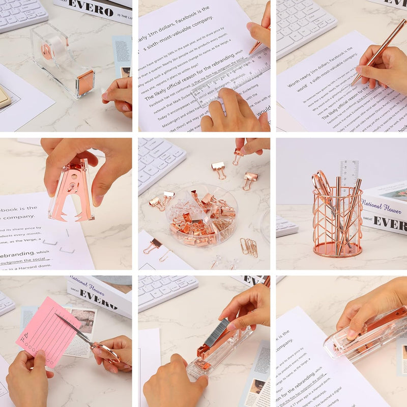 Rose Gold Desk Accessories, Office Supplies and Accessories Set, Acrylic Stapler Set, Staple Remover, Phone Holder, Pen Holder, Scissor, Ruler, Transparent Tape
