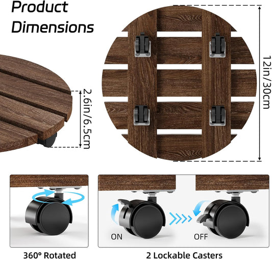 12in Plant Caddy, Wood Plant Stand with Wheels, Plant Rolling Tray for Indoor Outdoor, Flower Cart with 360° Lockable Wheels for Large Planter(2 Pack)