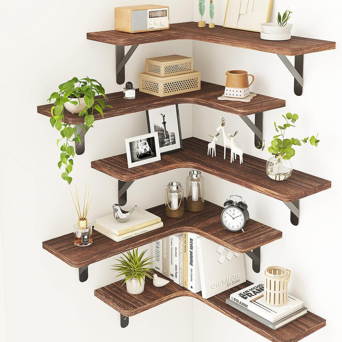 Fixwal Corner Floating Shelves for Wall Set of 5, Rustic Wood Wall Mounted Shelf for Bathroom, Kitchen, Bedroom, Home Decor, Laundry Room, Living Room (Dark Carbonized Black)