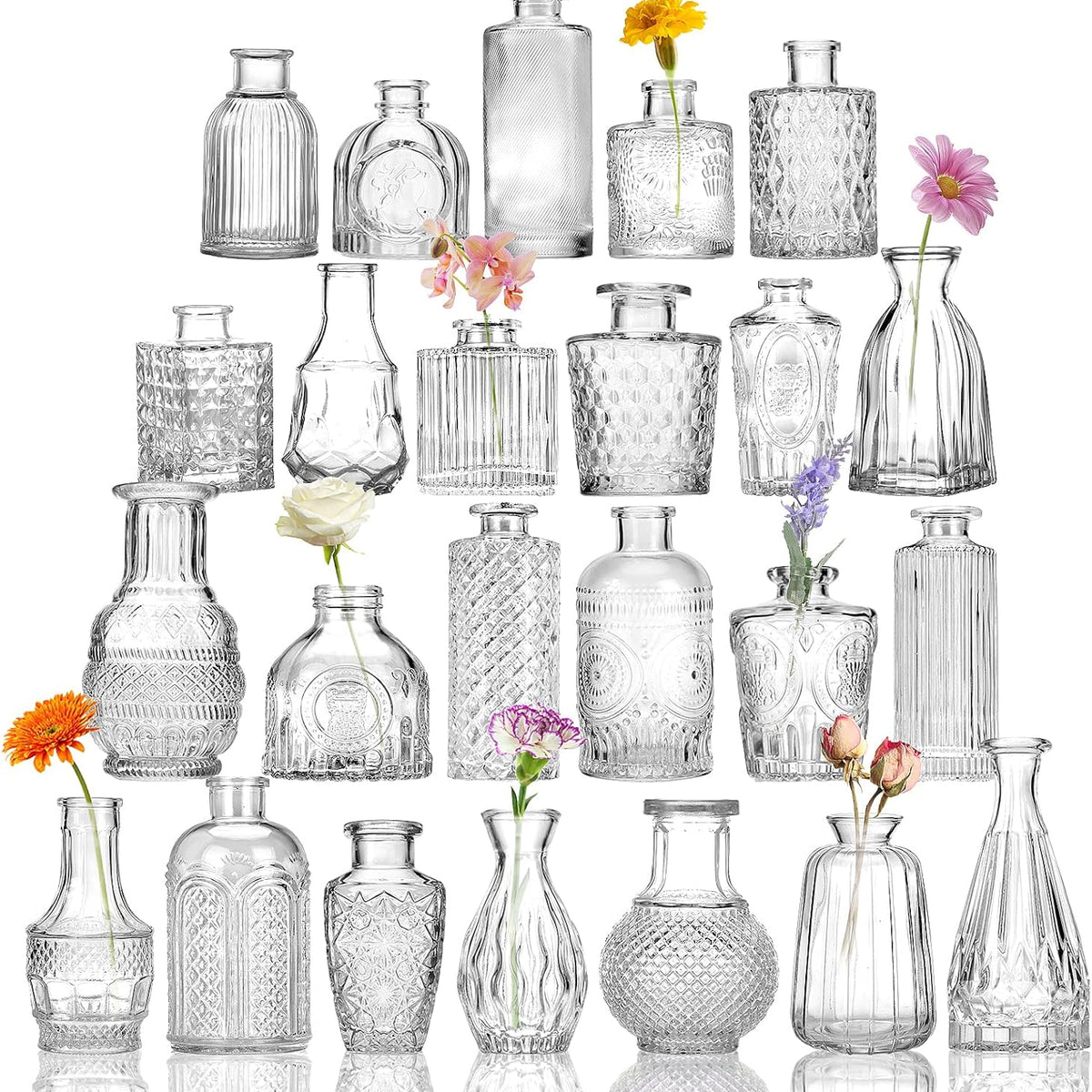24 Small, Glass Bud Vase Set for Flowers in Bulk for Rustic Wedding Decorations Vintage Look Home Table Decor, Centerpieces, Clear