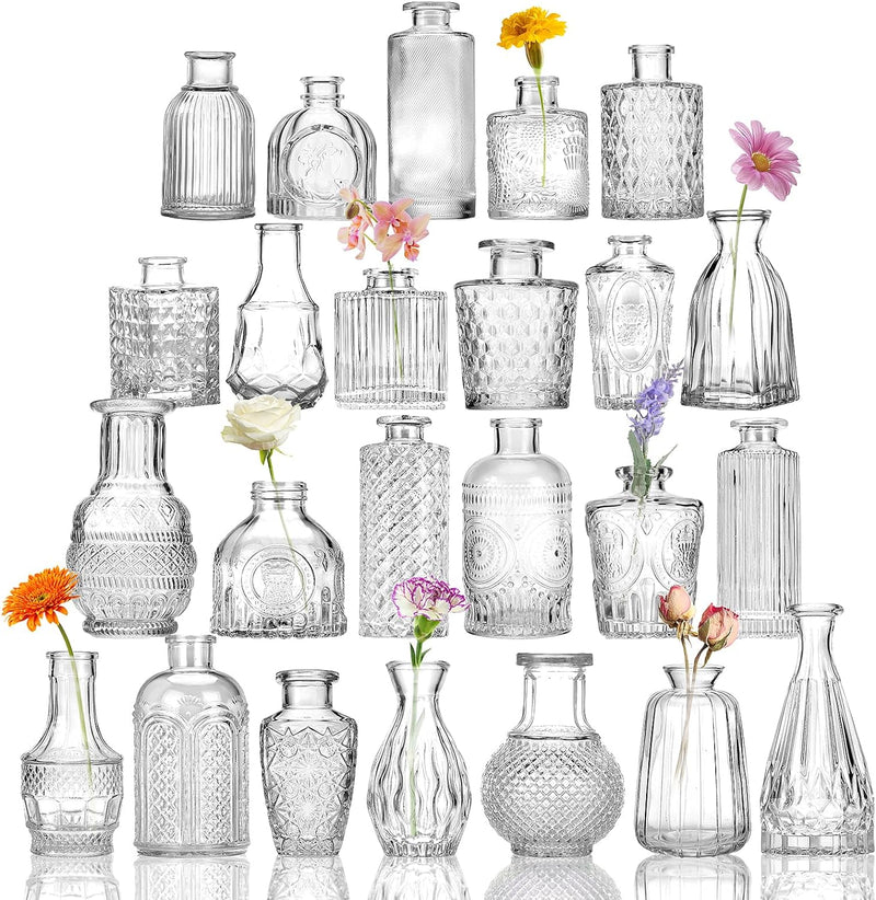 24 Small, Glass Bud Vase Set for Flowers in Bulk for Rustic Wedding Decorations Vintage Look Home Table Decor, Centerpieces, Clear