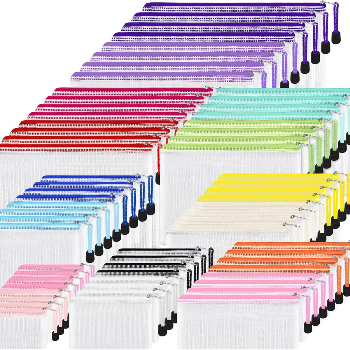 64pcs Mesh Zipper Pouch Bags, 8 Sizes Plastic Bags, 15 Colors Waterproof Pouches with Slide Fastener for Organization, Multipurpose for Travel, School Supplies, Office and Home Organization